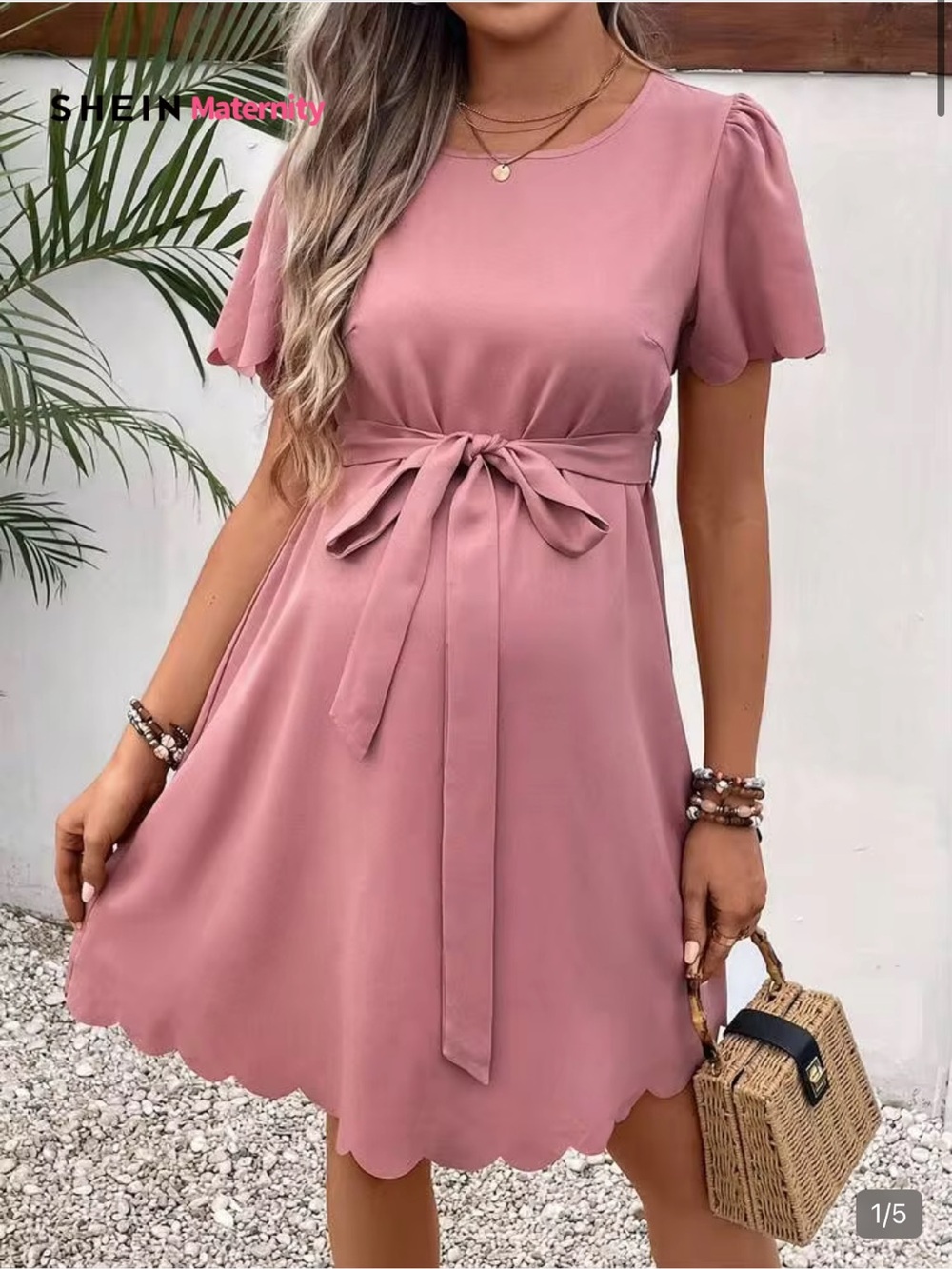SHEIN Maternity Scallop Trim Belted Dress